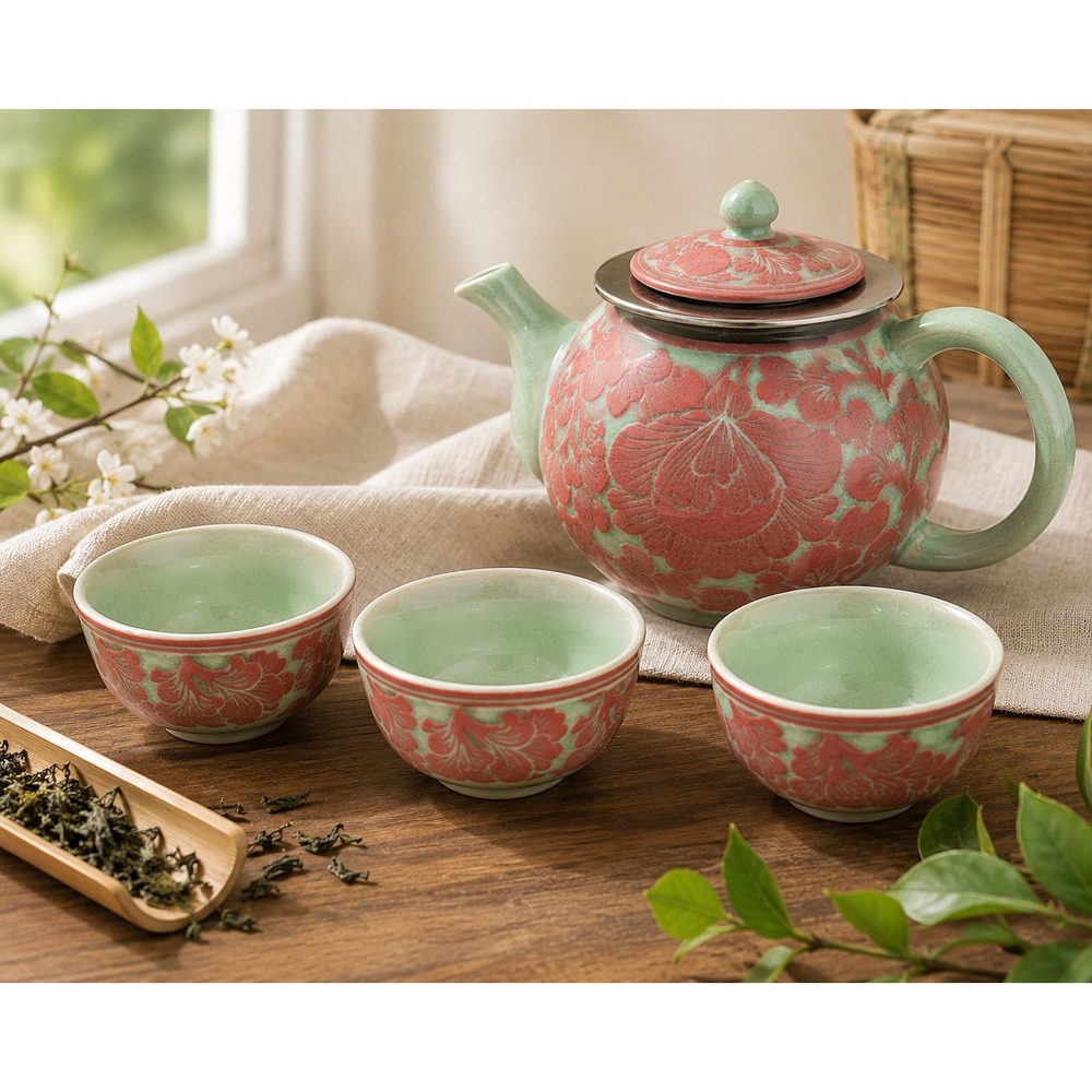 Gianna‎ Tea Set Floral Relief Ceramic Asian Inspired Teapot 3 Cups